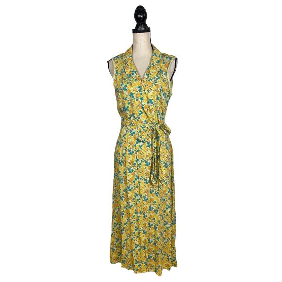 Urban Outfitters Yellow Floral Linen Sleeveless Wrap Midi Dress   Size: M - Picture 1 of 4